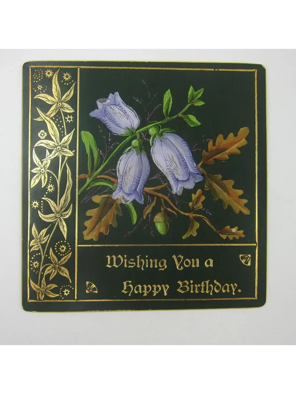 Victorian Birthday Greeting Card Floral Blue Bellflowers Gold Embossed Antique